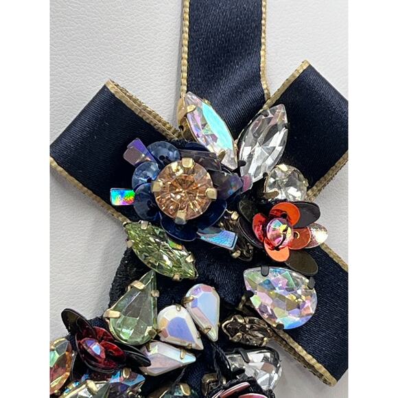 J. Crew Black Ribbon Funfetti AB Tinsel Sequin Floral Multicolor Bow necklace - Picture 6 of 16